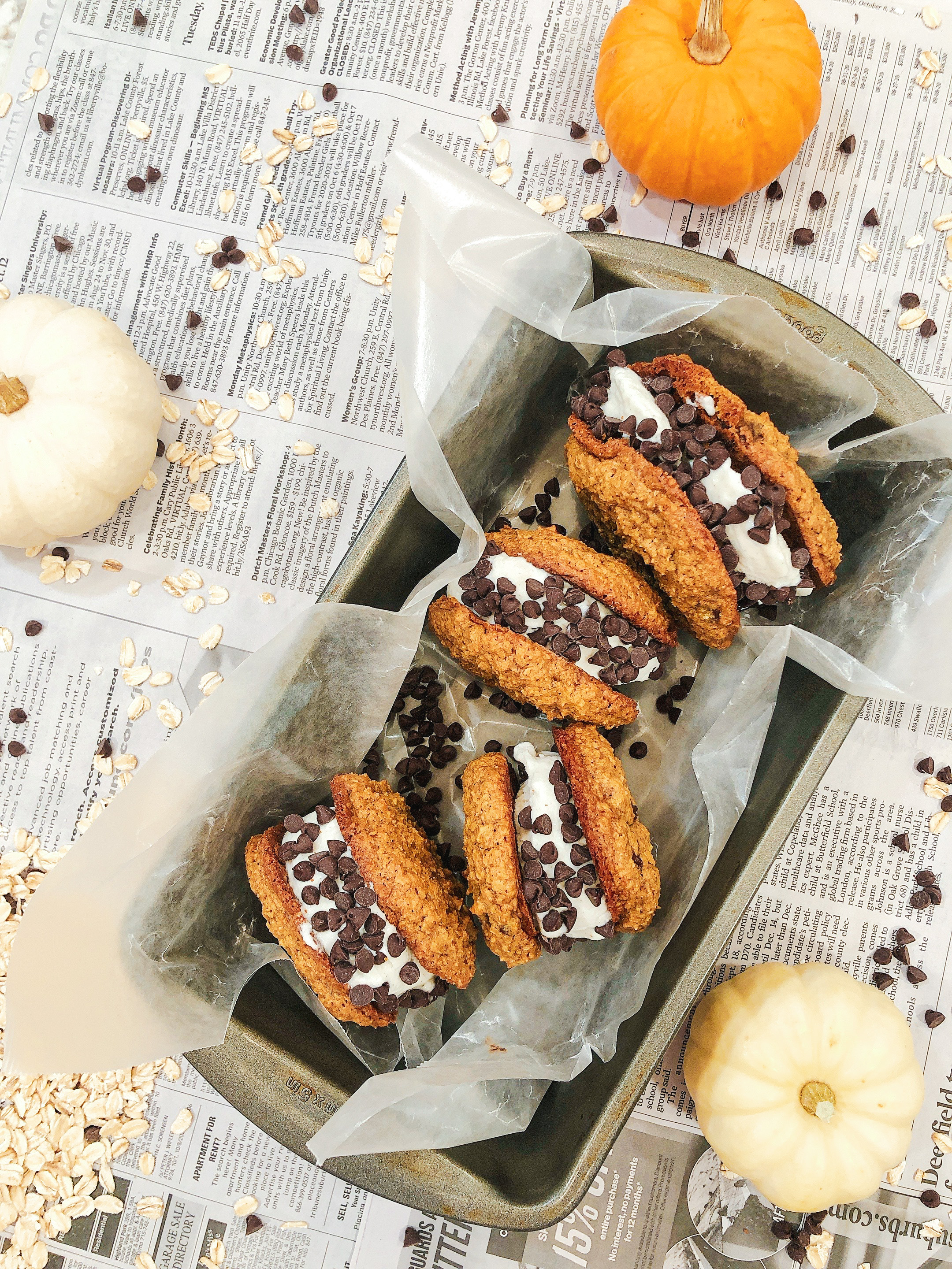 Pumpkin Oatmeal Chocolate Chunk Ice Cream Cookie Sandwiches
