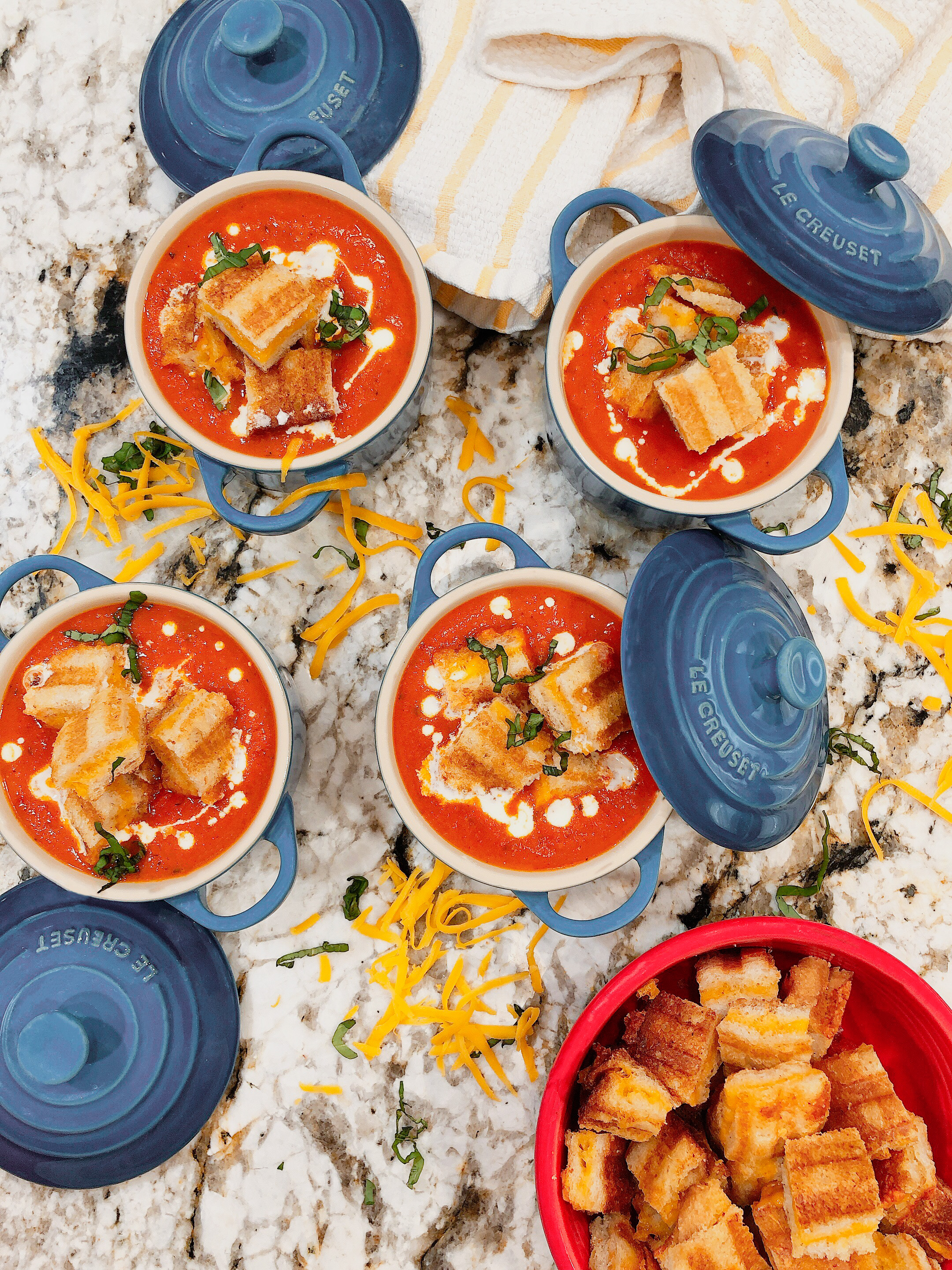 Tomato Soup with Sourdough Grilled Cheese Croutons