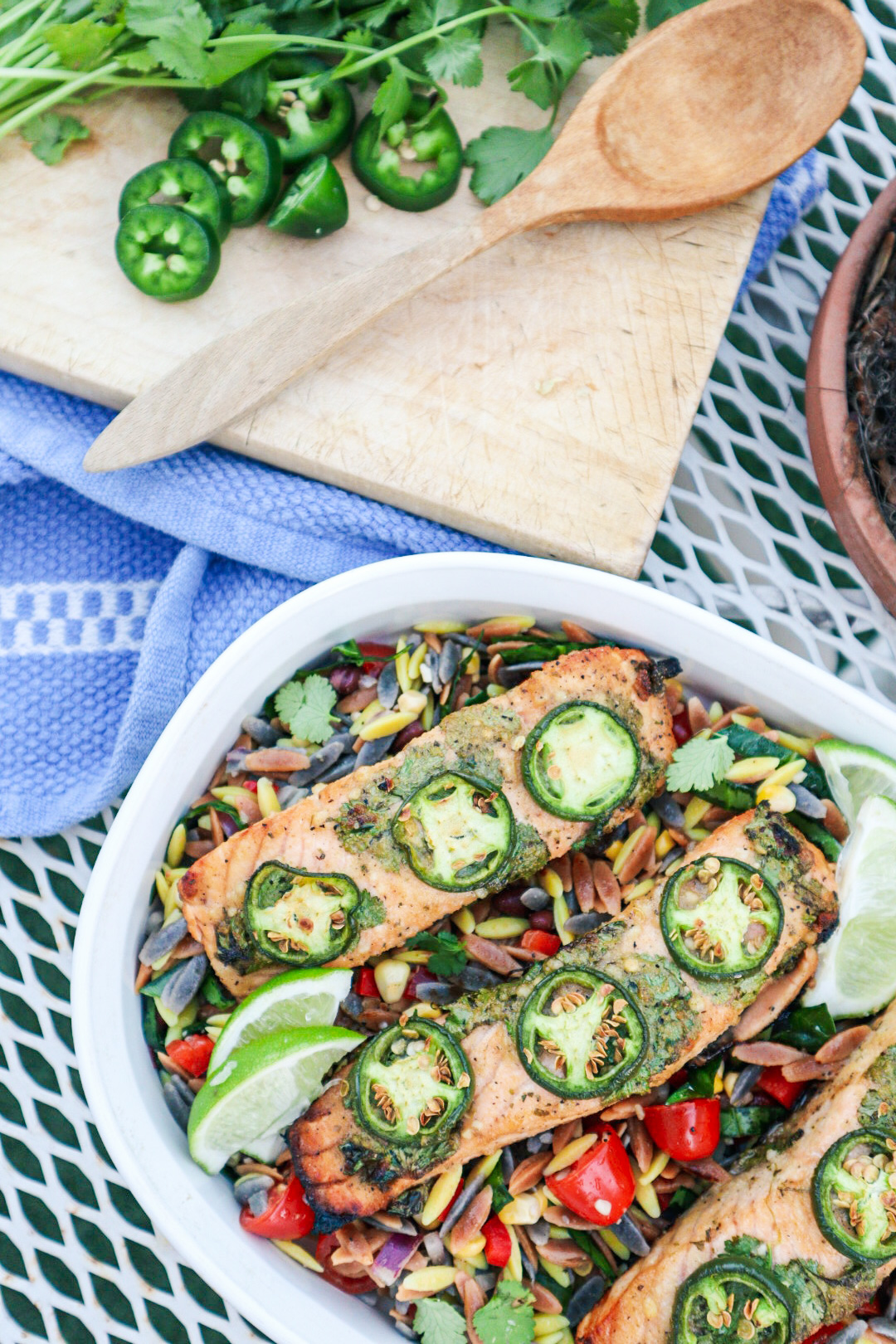 Cilantro Jalapeno Lime Salmon Filets on a Bed of Southwest Orzo
