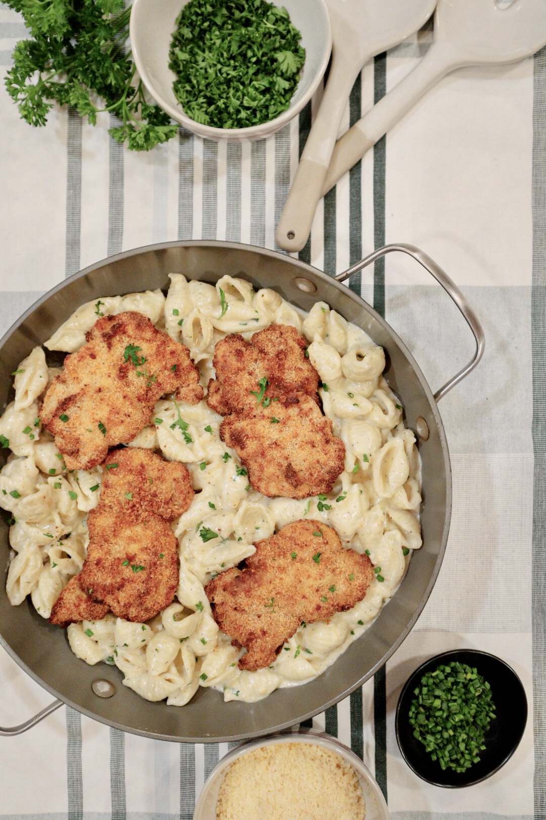 Garlic and Chive Alfredo Shells with Air Fryer Parmesan Crusted Chicken Thighs