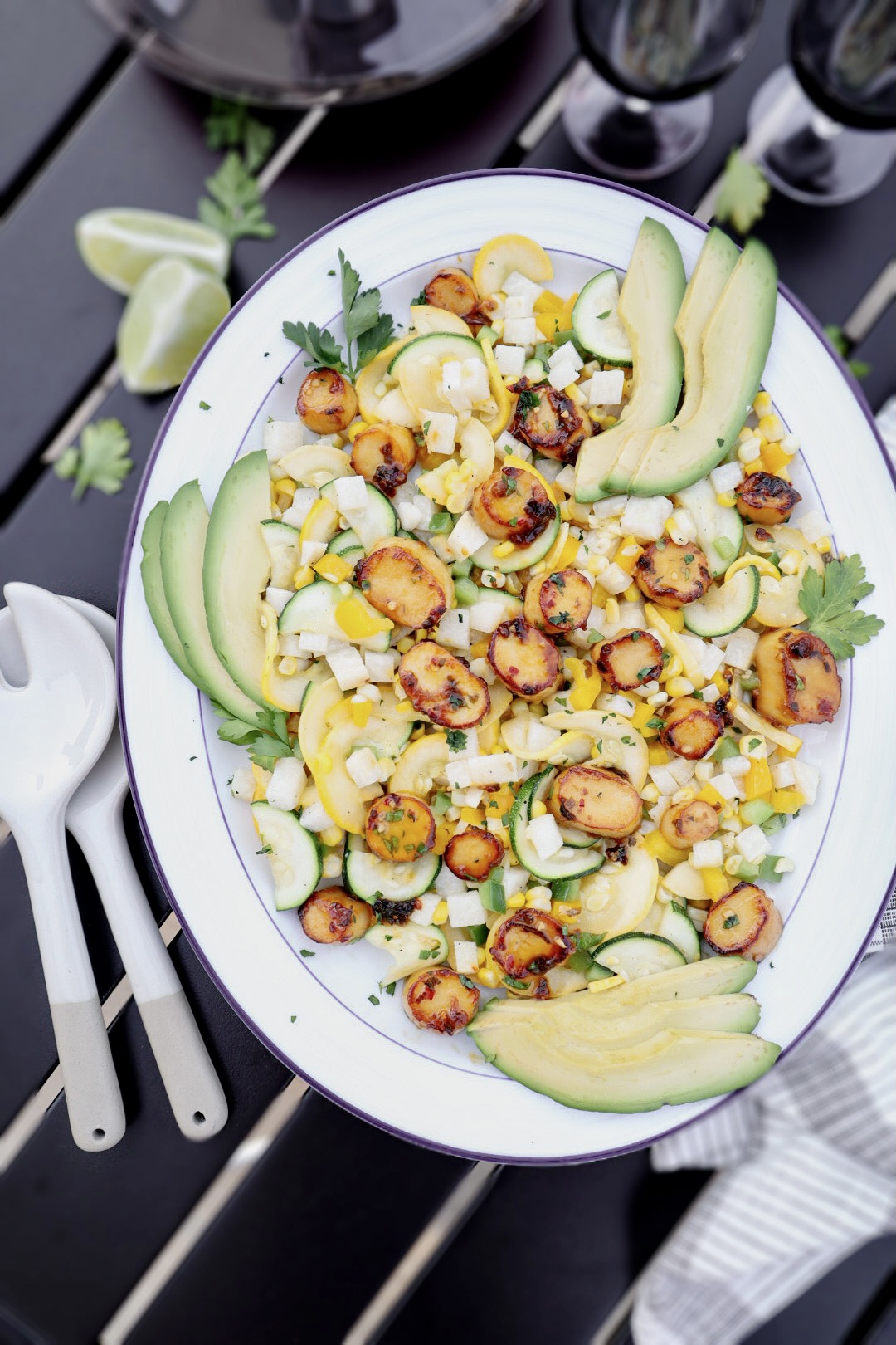 Mango Lime Trumpet Mushroom " Scallops" with a Summer Jicama Vegetable Salad