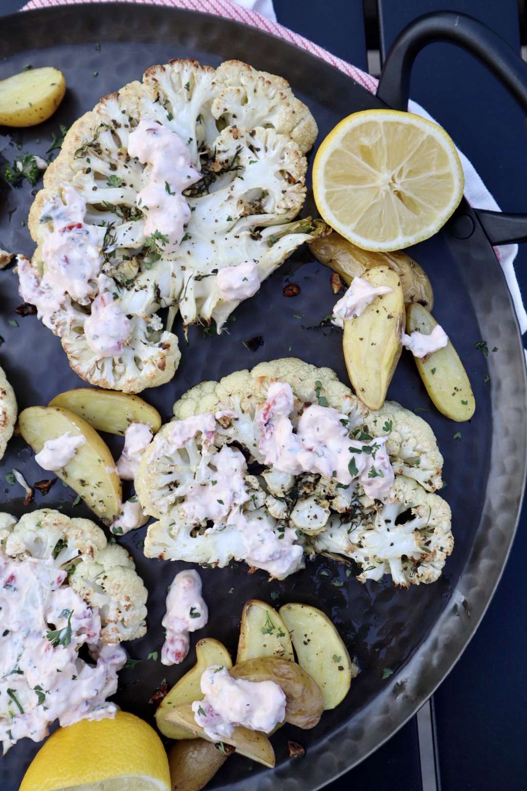 Sheet Pan Roasted Greek Cauliflower Steaks and Fingerling Potatoes with a Creamy Yogurt Feta Sauce