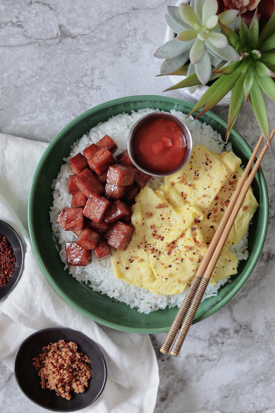 Coconut Caramelized Spam Breakfast Rice Bowl
