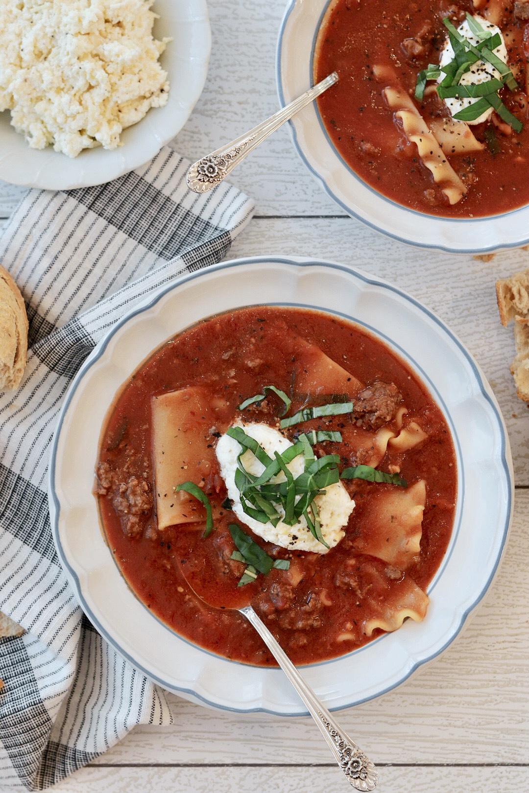 Lasagna Soup with a Three Cheese Ricotta Topping