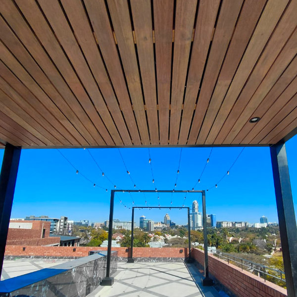 Custom built steel pergola overlooking sandton skyline