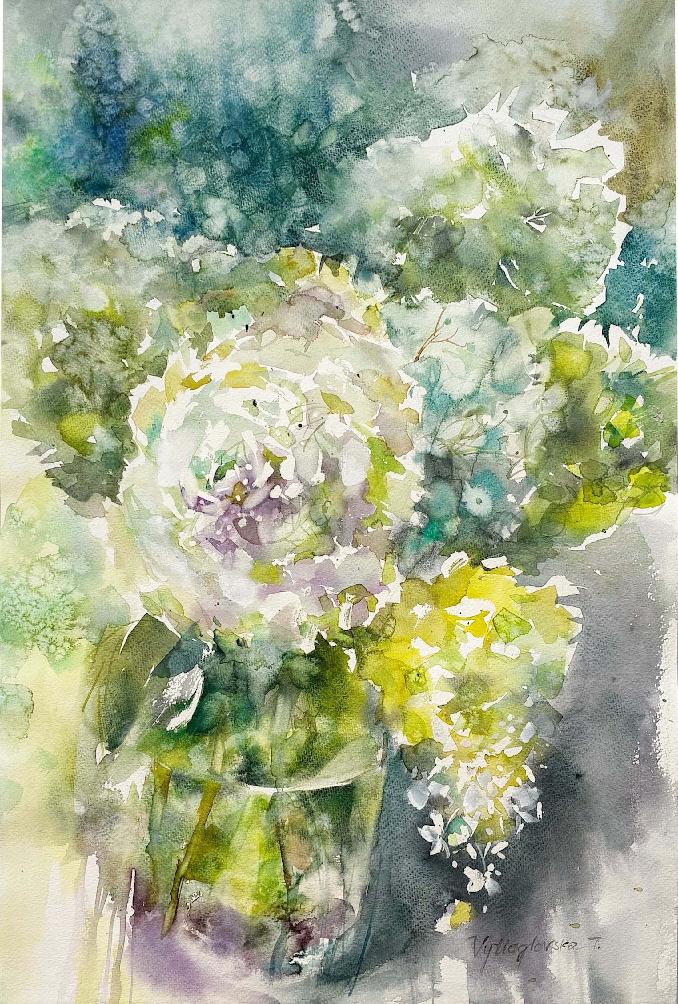 VYTIAGLOVSKA, GREEN HYDRANGEAS, WATERCOLOR