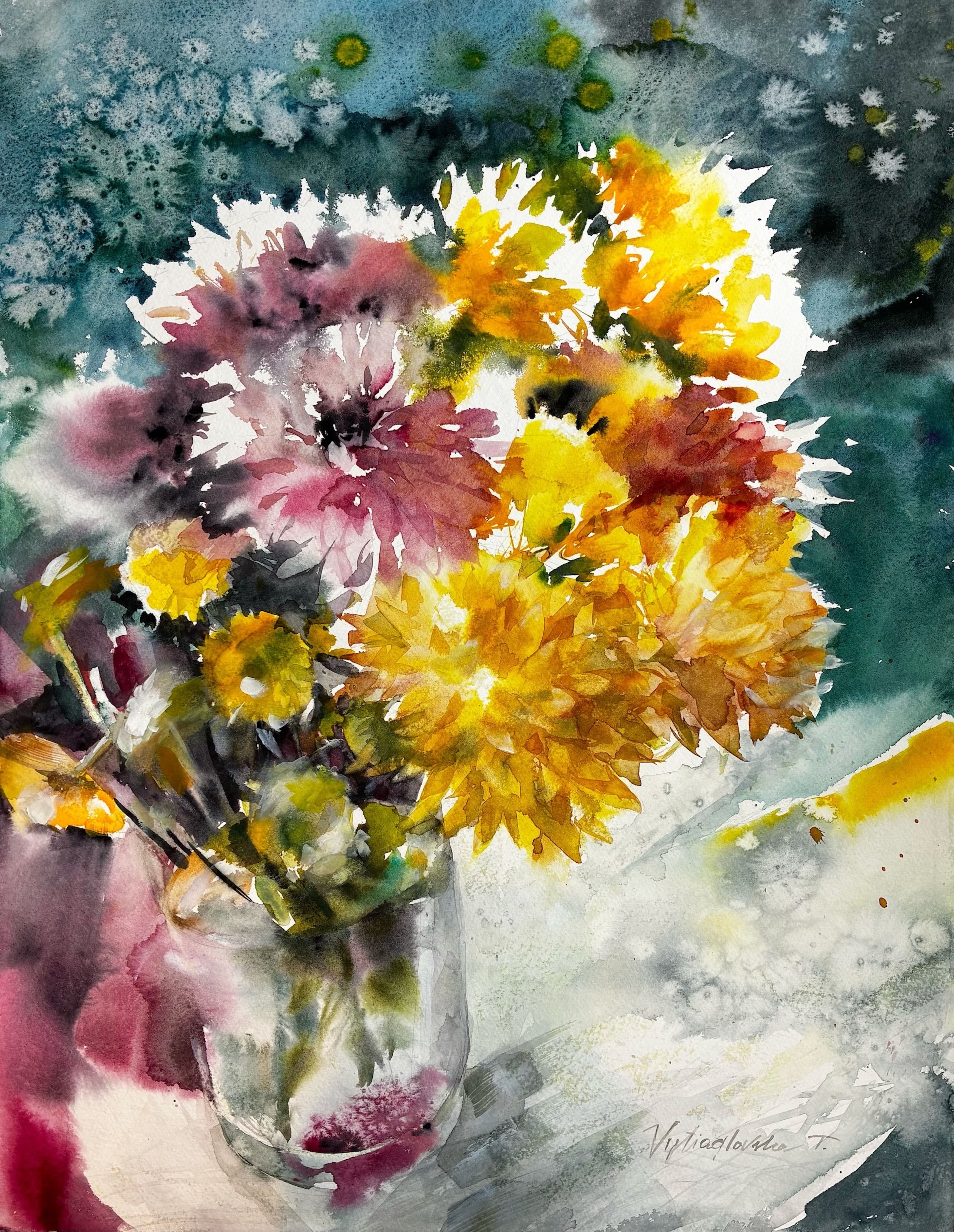 VYTIAGLOVSKA, PURPLE AND YELLOW BOUQUET, WATERCOLOR