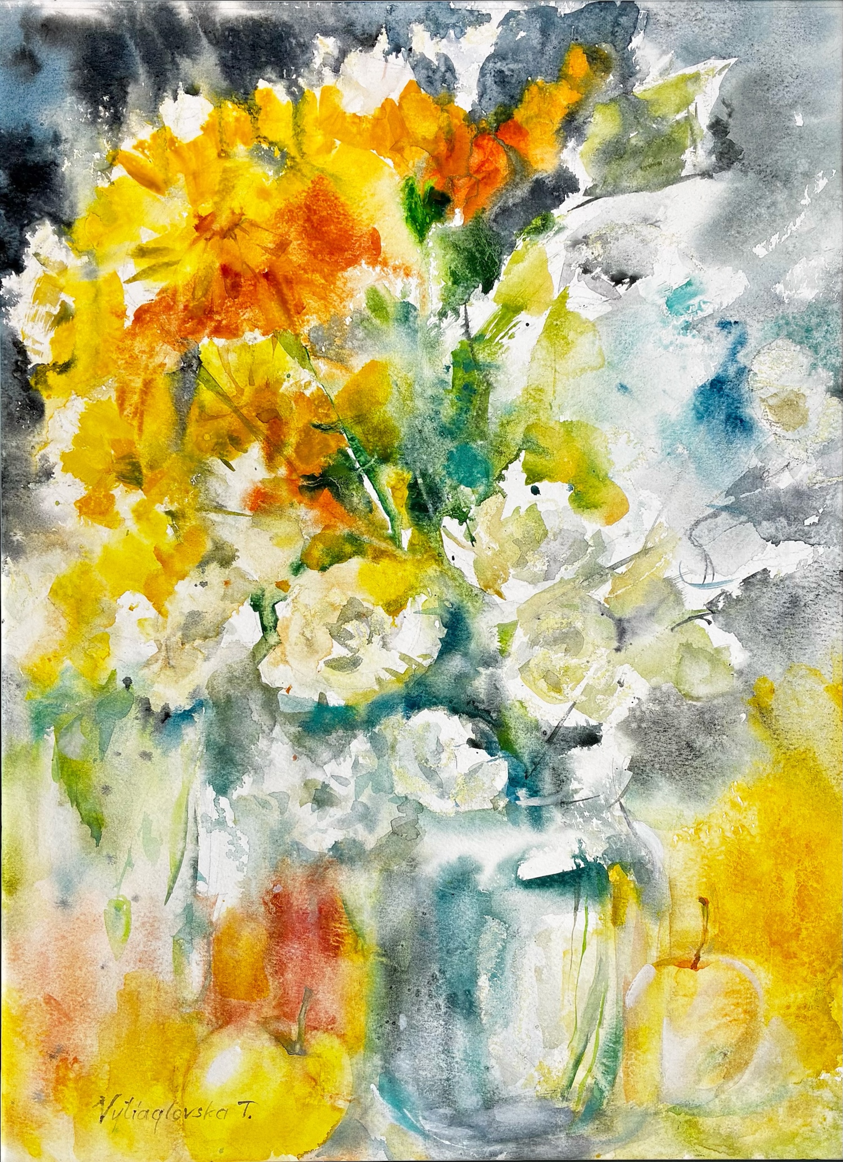 VYTIAGLOVSKA, YELLOW AND WHITE BOUQUET WITH APPLES, WATERCOLOR