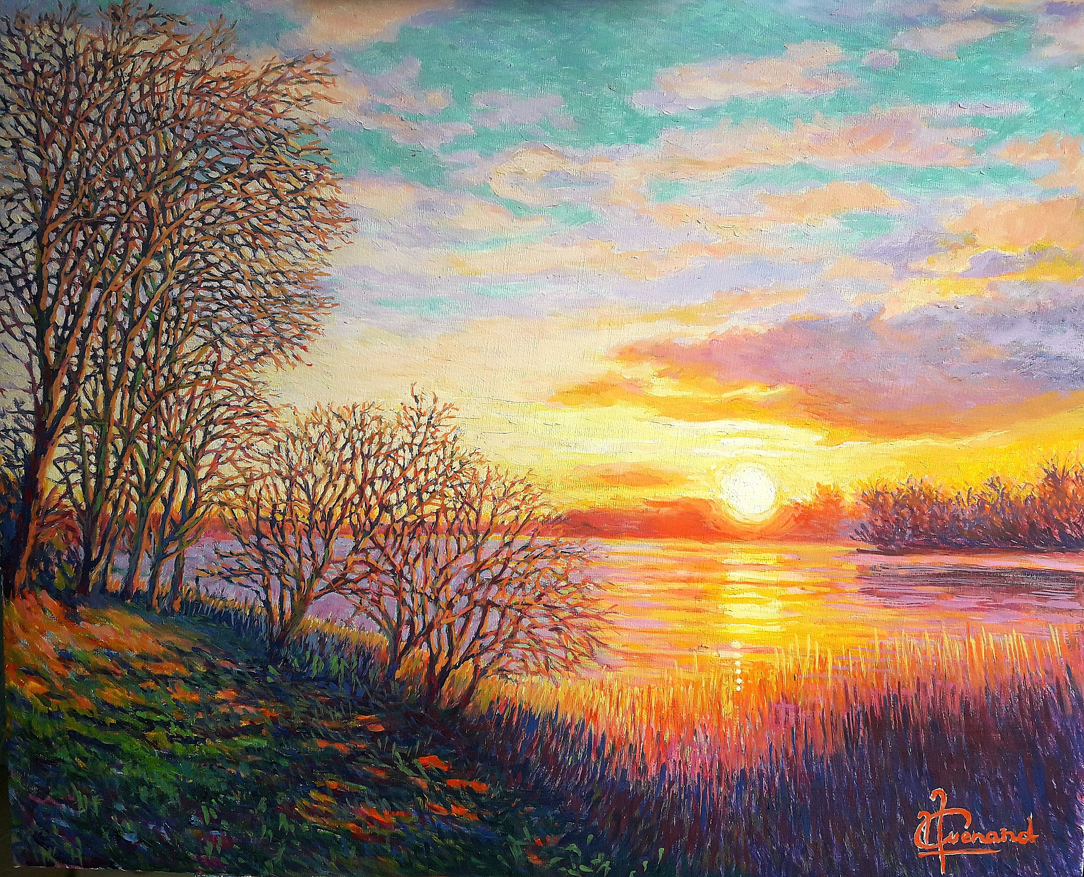 GUENARD, SUNSET ON KERMOR POND, OIL ON CANVAS