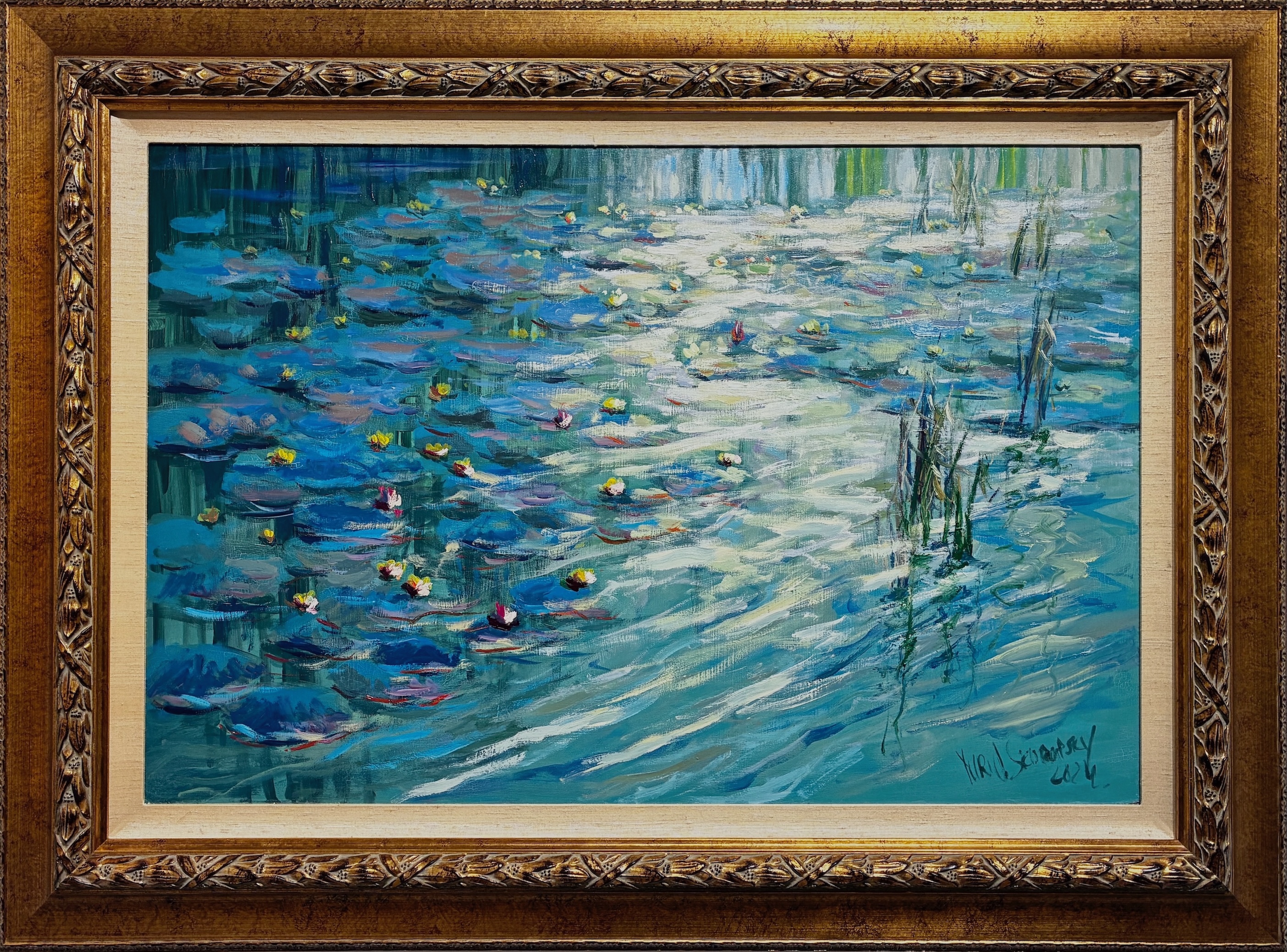 SKORUPSKY, SUMMER LAKE LILIES, Acrylic and oil on masonite board