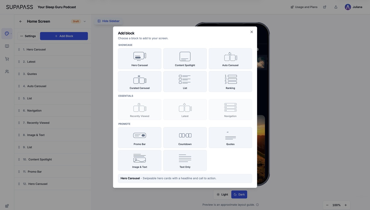 The Add Block picker in the SupaPass dashboard: Showcase, Essentials and Promote block groups