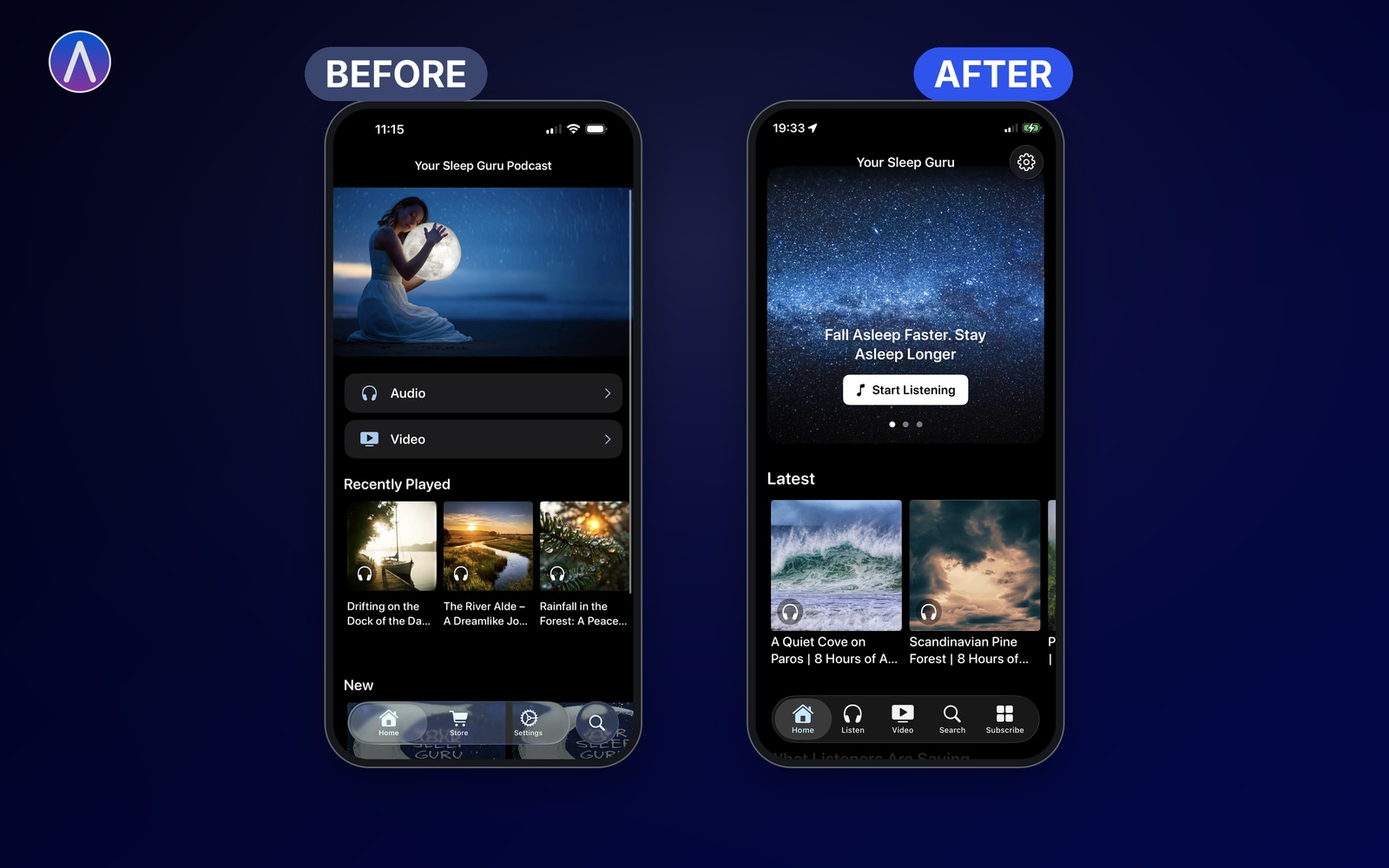 Side by side: the old standard SupaPass home screen next to the new custom-designed Your Sleep Guru App Home built with the App Screen Builder
