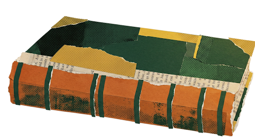 Collage illustration of an open ledger book