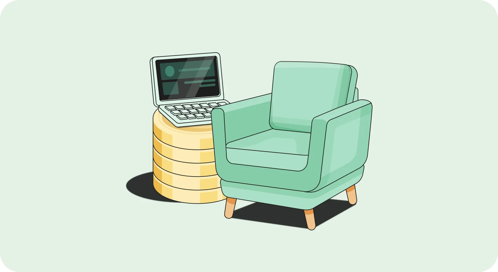 Illustration of a green chair next to a yellow table with a laptop on top of it