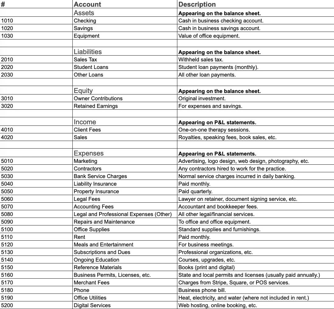 Chart of Accounts Template for Therapists