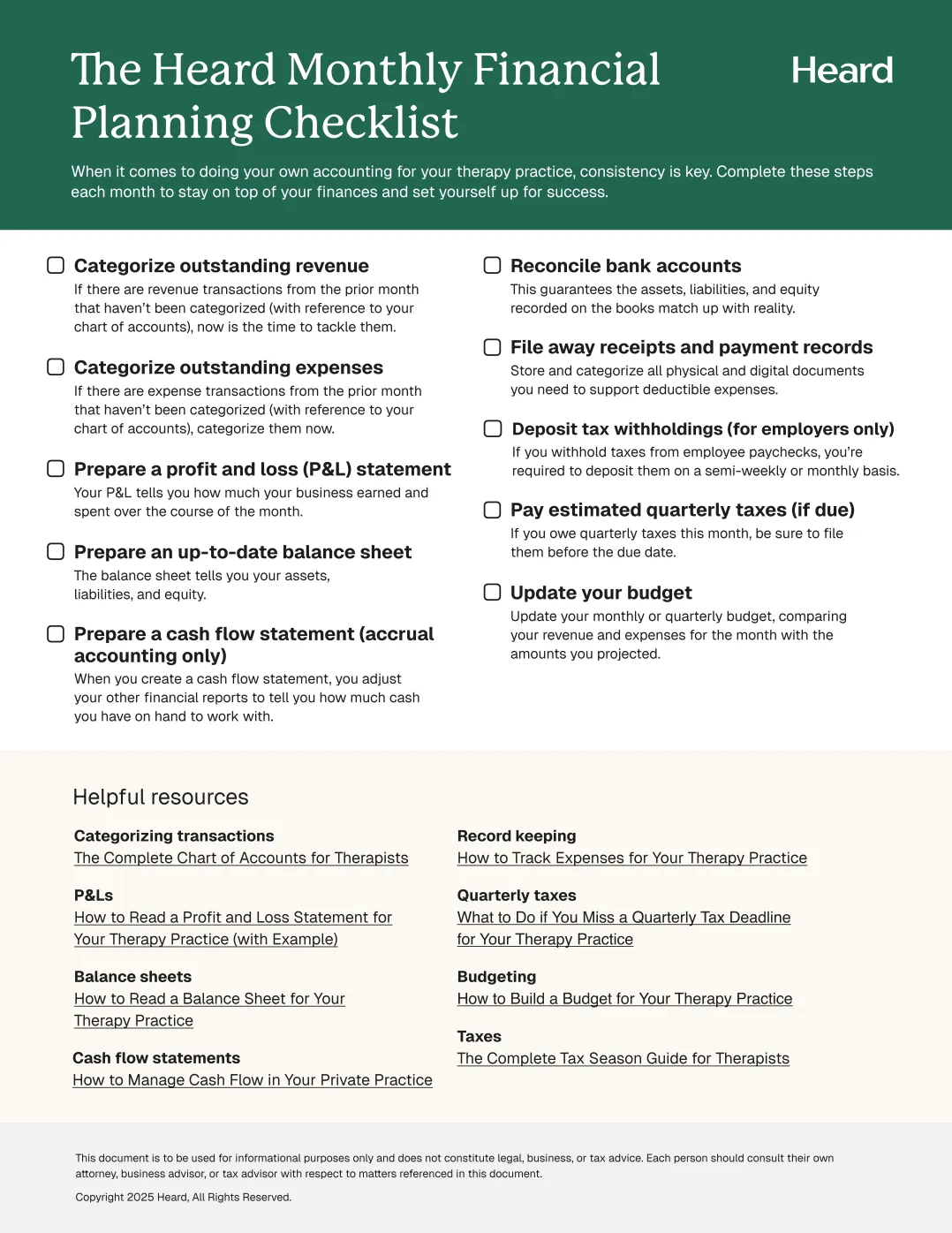 The Heard Monthly Financial Planning Checklist