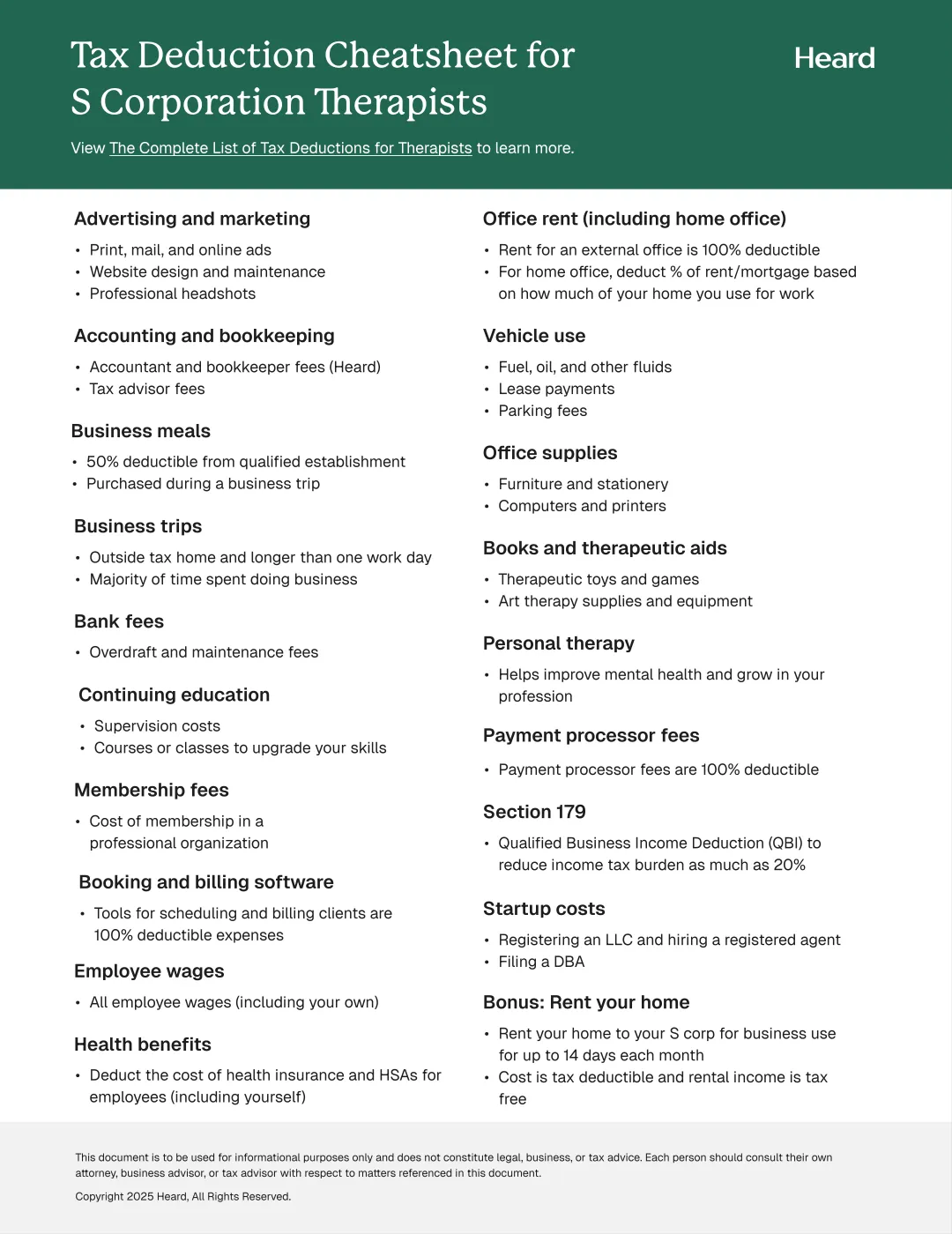 Tax Deduction Cheatsheet for S Corporation Therapists