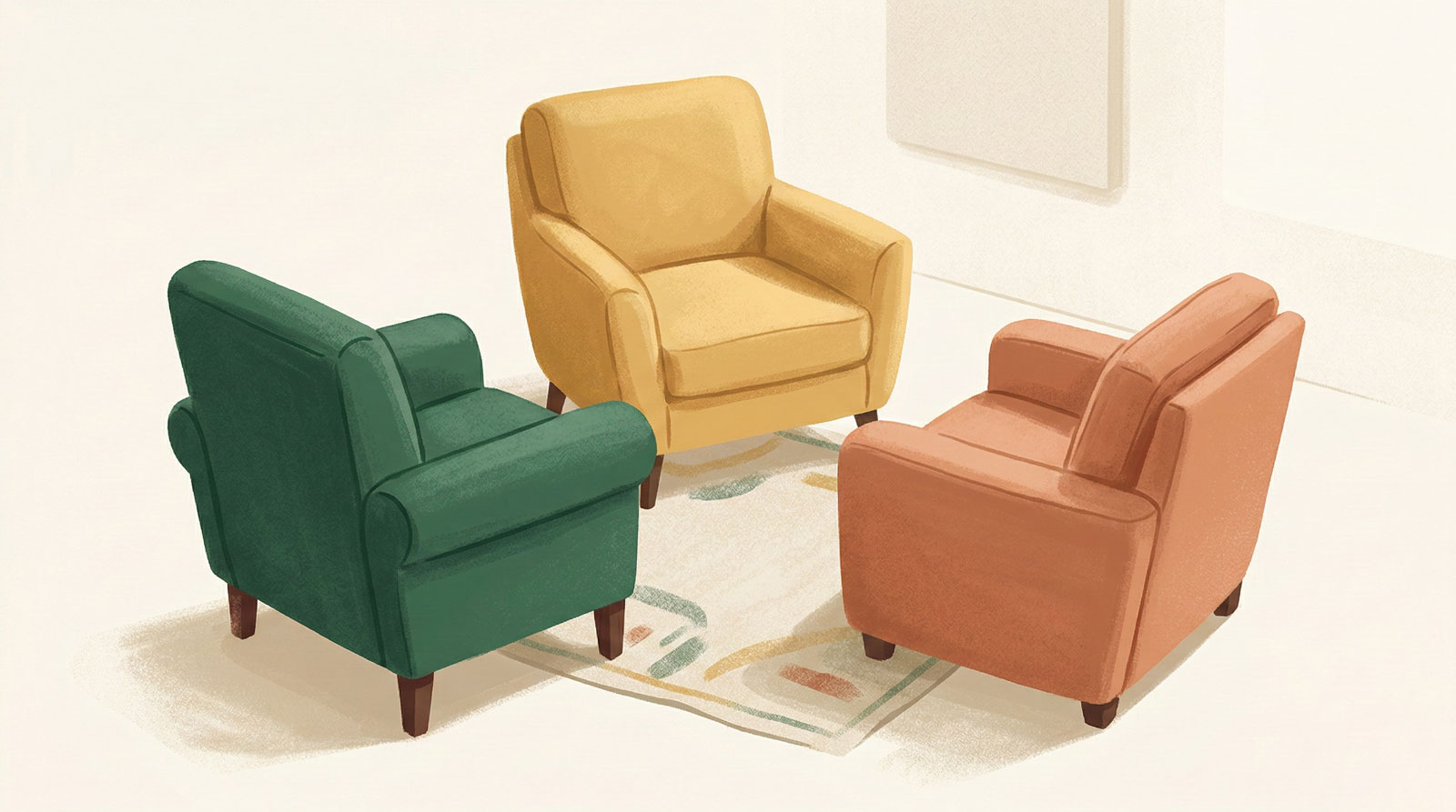 Three armchairs facing each other