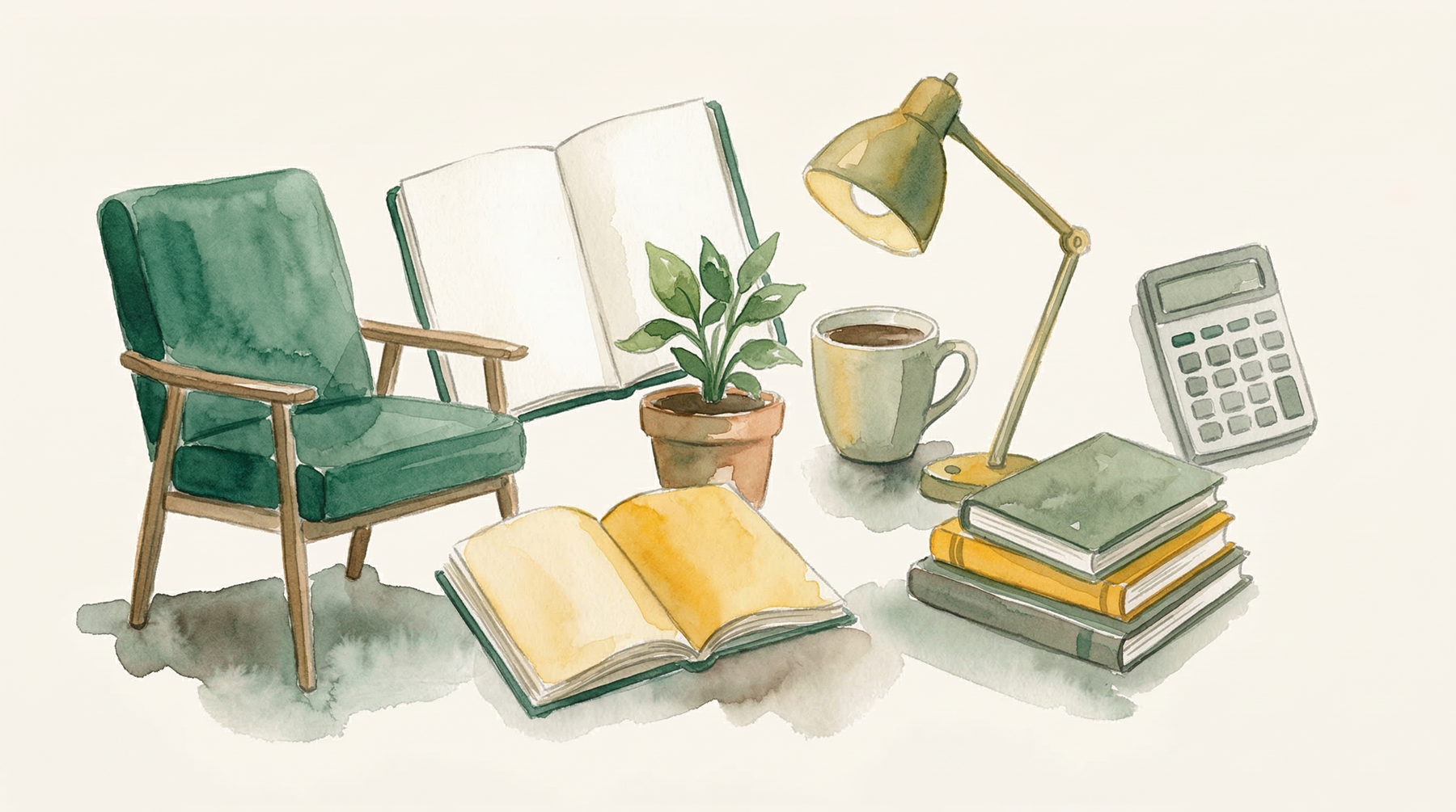 Watercolor illustration of a green armchair, assortment of books, lamp and calculator 