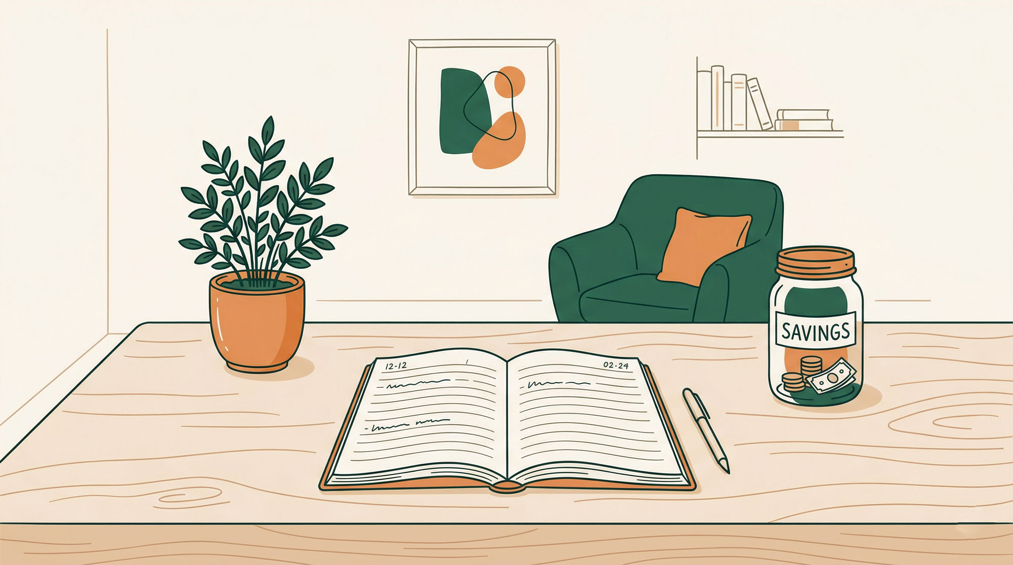 office with book, plant, arm chair and jar of cash that says savings 