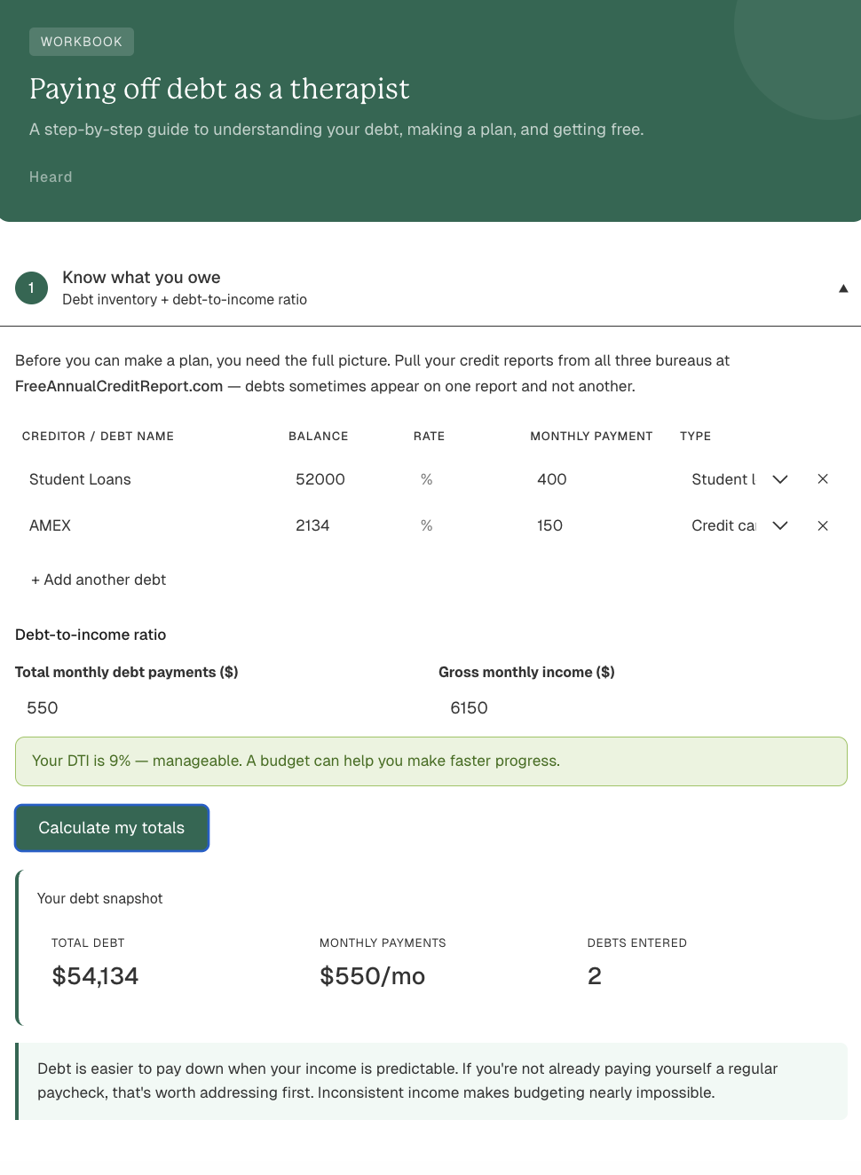 Paying Off Debt Worksheet for Therapists