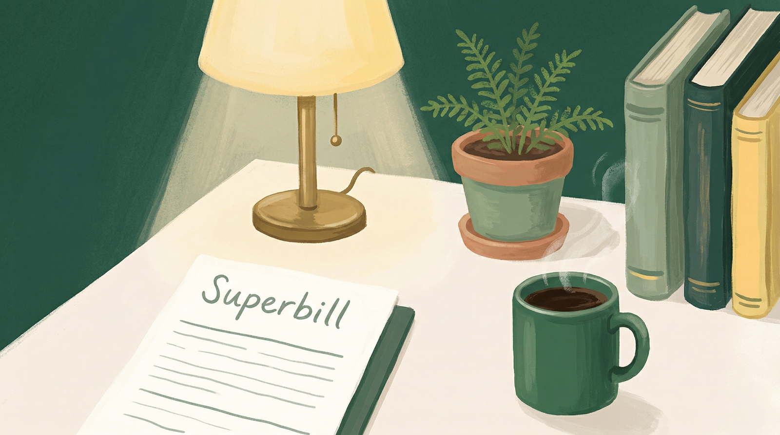 Superbill sits on desk next to lamp, mug of coffee, plant and books