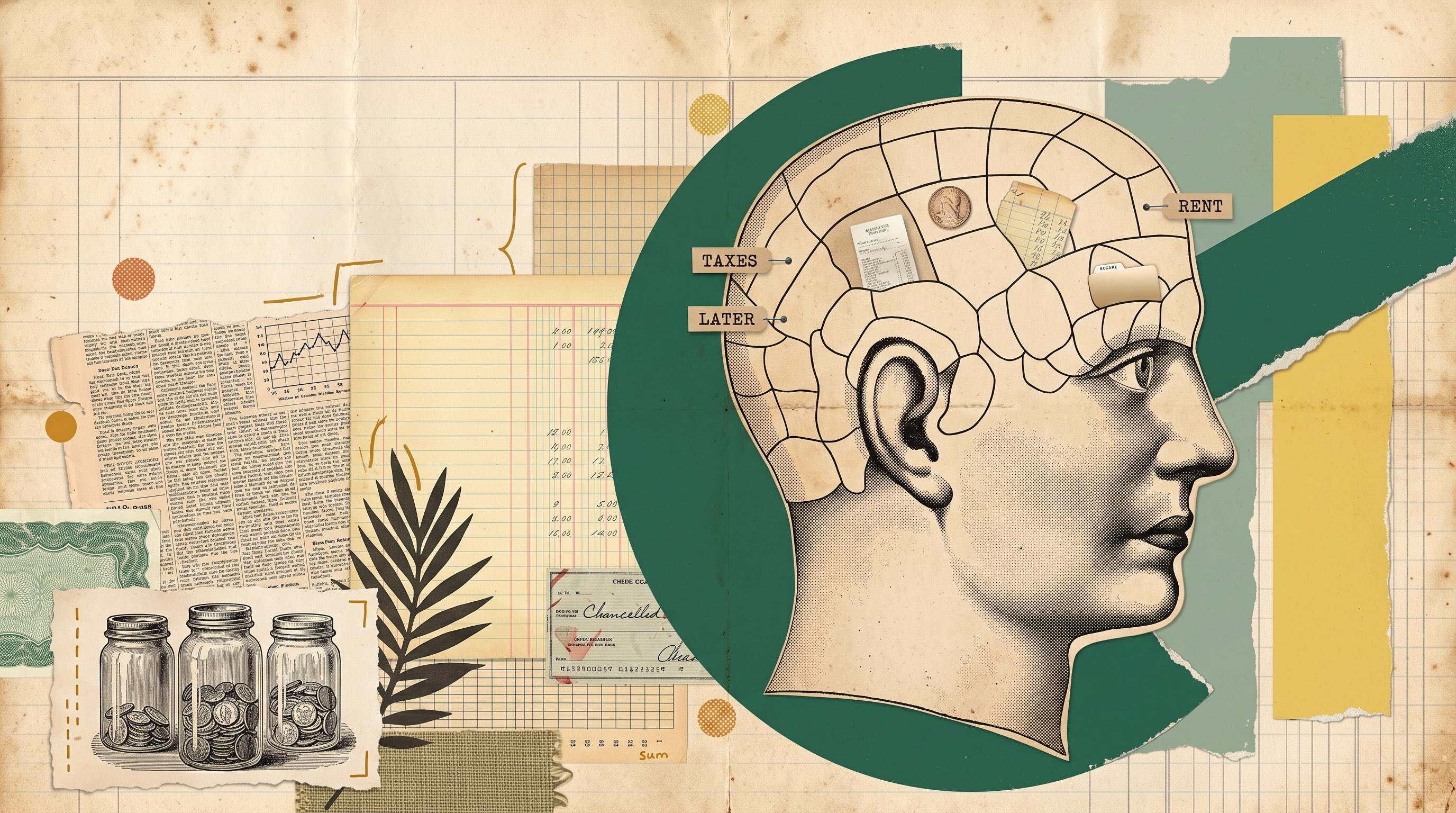 Side head with brain sections labeled "Taxes," "Later," and "Rent," collaged with ledgers and jars of coins.