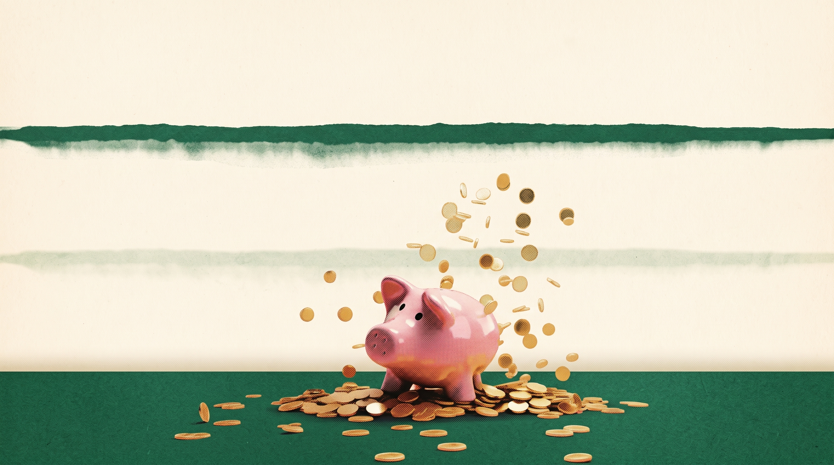 Pink piggy bank on a pile of coins beneath two high-water marks on a cream wall, showing how far costs have risen