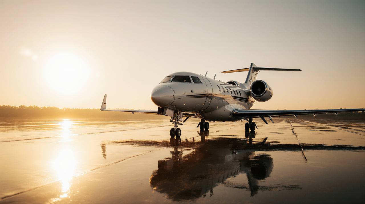 Private jet parked on wet runway at sunrise with sunlight reflecting off the ground