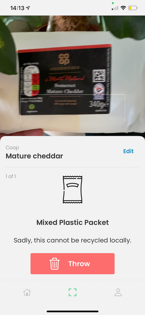 A screenshot of the app showing recycling instructions for plastic film wrapping.