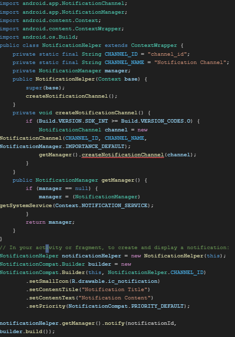 This code displays creating a notification channel and displaying a notification in your Android activity or fragment using NotificationCompat.