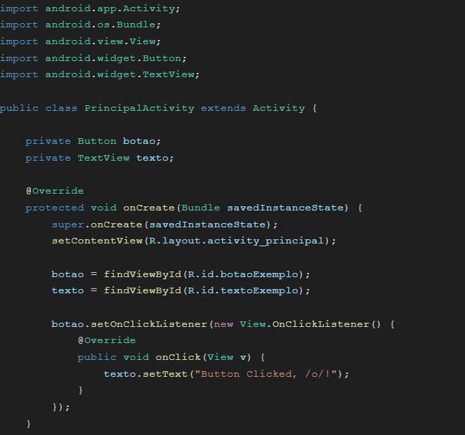 Android activity code for a simple user interface with a button that changes a text view's text when clicked.