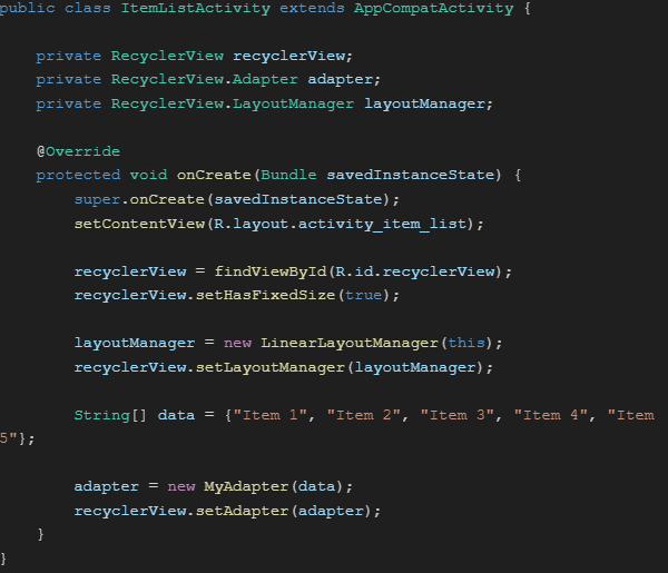 Java code for ItemListActivity class that sets up a RecyclerView to display a list of items with a custom adapter (MyAdapter).