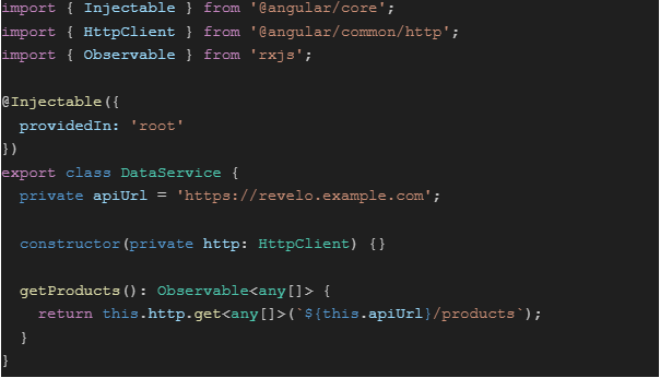 An example of an Angular service facilitating HTTP communication for retrieving product data from the endpoint.