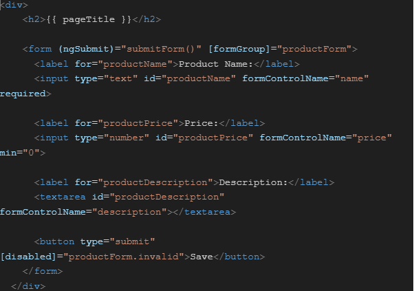 An Angular form template for product management.