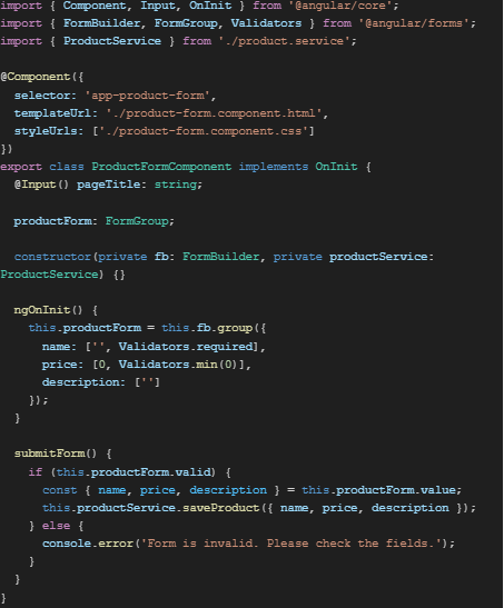 This code displays an Angular form component for managing product information, handling input validation and submission efficiently using reactive forms. 