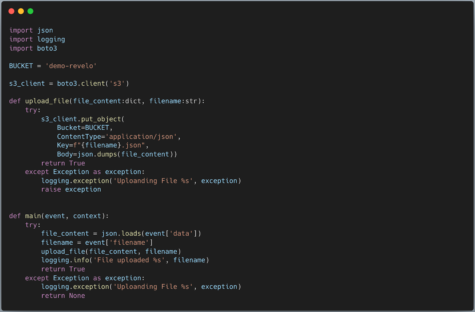 This code displays uploading a JSON file to AWS S3 Bucket with content type as metadata.