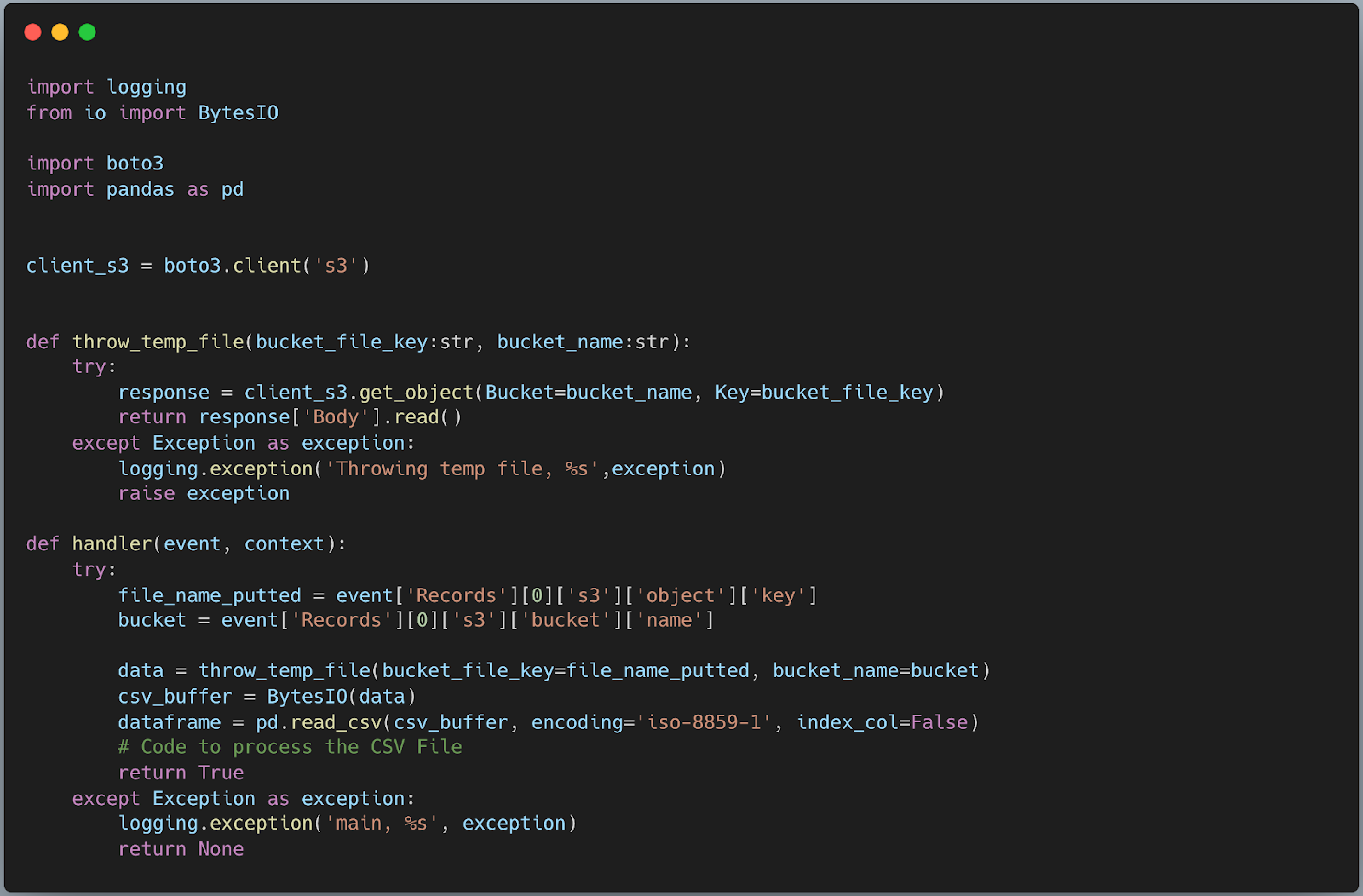 Code processing a CSV file by a lambda S3 trigger.