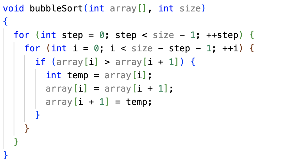 Code displaying bubble sort, one of the simplest sorting algorithms that developers use.