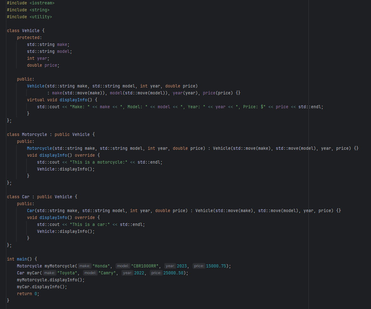Code creating the Car and Motorcycle classes through inheritance (from Vehicle), as well as overriding the displayInfo function through polymorphism.