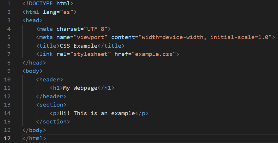 Code showing that HTML file (index.html) defines the overall layout of the page, including the header and section elements. 