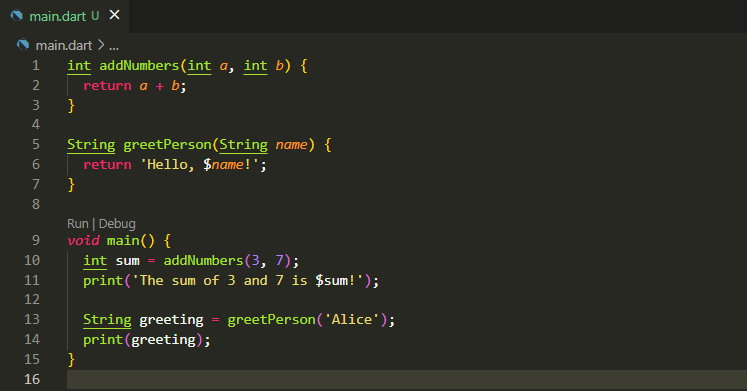 This code shows the creation of functions and declaration of types for the return and parameters received.