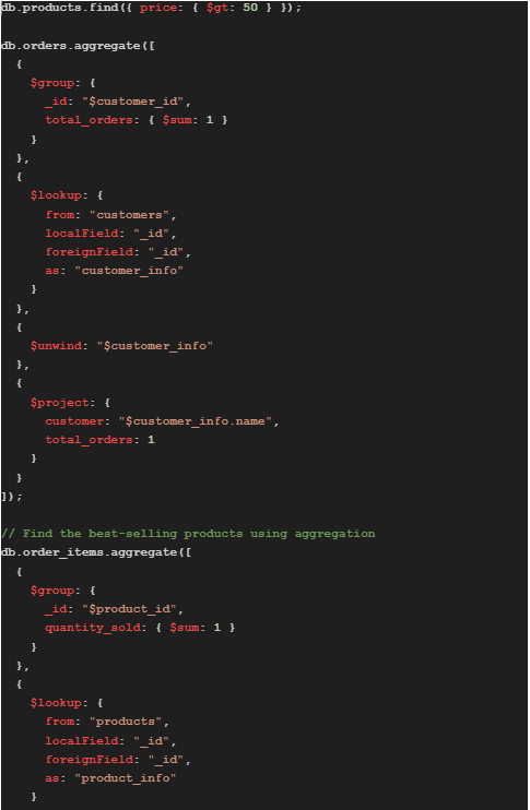 A code query that retrieves products with prices greater than $50 and demonstrate various operations in MongoDB.