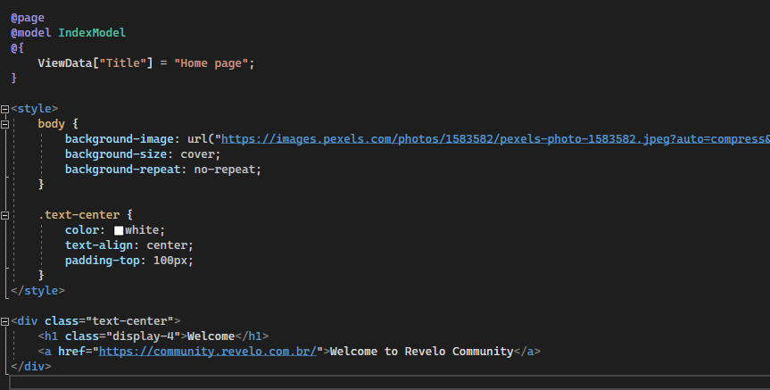 Razor Page (part of the ASP.NET Core framework) displaying a title, a link to Revelo, and a background image on the page.