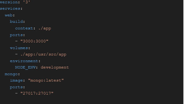 An example of code that defines services for a Node.js app and MongoDB, facilitating development with Docker Compose.