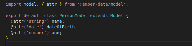 Code in Ember.js model with attributes for a person's name, date of birth, and age, using the Ember Data model syntax.