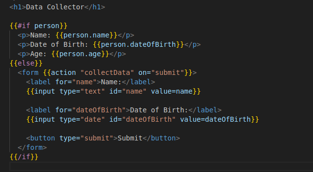 An HTML template that creates a simple user interface for a data collection form in Ember.js.