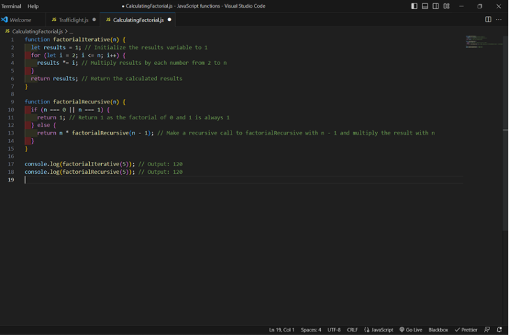 JavaScript code for calculating a factorial using iterative and recursive approaches.