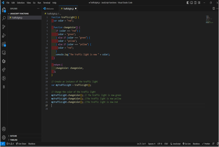 A function demonstrating a simple traffic light simulator in JavaScript. The function defines a constructor for creating instances of the traffic light object, and the changeColor method changes the color of the traffic light.