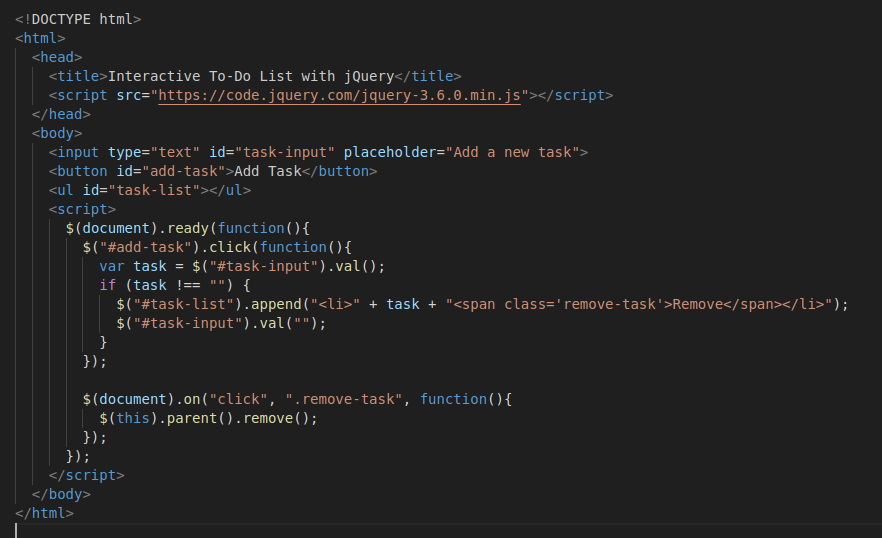 Code that allows the addition and removal of items in a list displayed on the screen.
